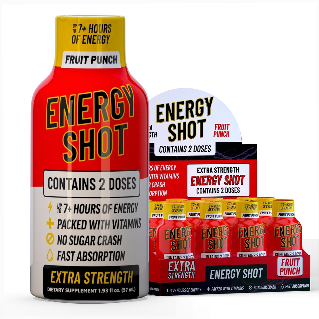 Fruit Punch Extra Strength Energy Shot 12 pk – 260mg Φυσική καφεΐνη B12 B6 – Ενέργεια & Focus Υποστήριξη – 2 Σερβίρει Ζάχαρη Δωρεάν Zero Calorie Πράσινο Τσάι B-Vitamins Ηλεκτρόλυτες Vegan – 1.93 fl oz