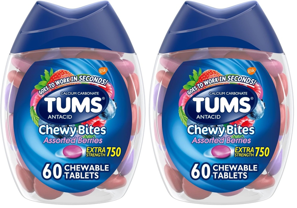TUMS Chewy Bites Αντιόξινα δισκία για Chewable Heartburn Relief and Acid Indigetion Relief, Ποικιλία μούρων - 60 Count (Pack of 2)