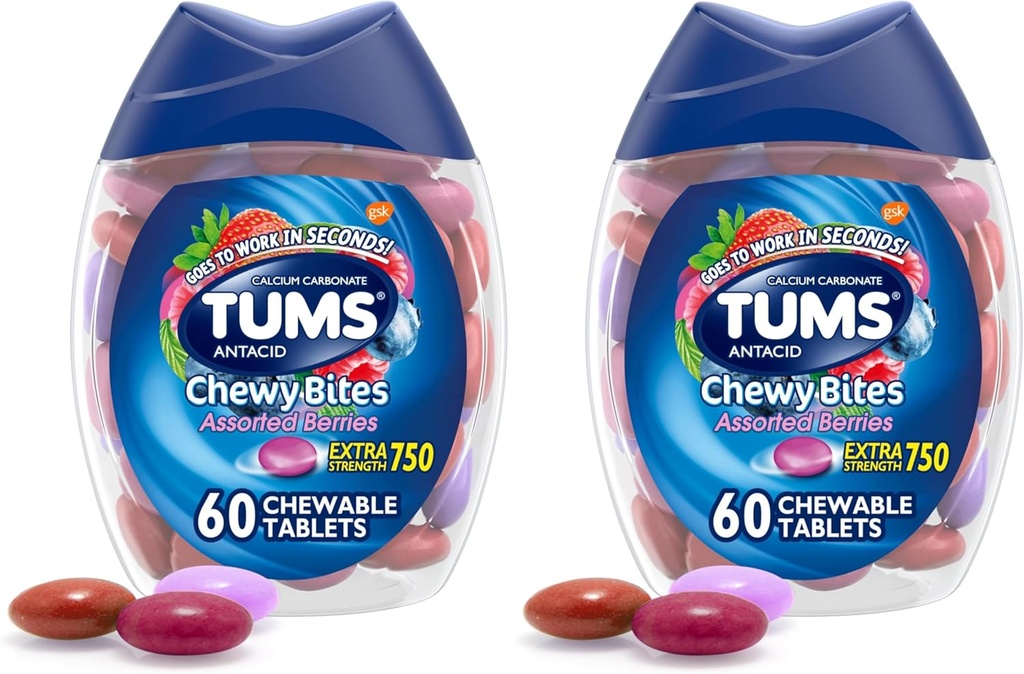 TUMS Chewy Bites Αντιόξινα δισκία για Chewable Heartburn Relief and Acid Indigetion Relief, Ποικιλία μούρων - 60 Count (Pack of 2)