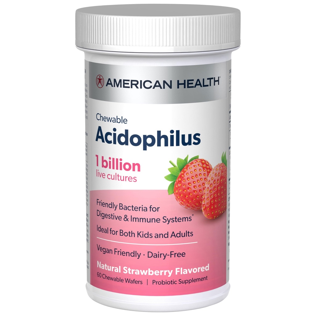 AMERICAN ΥΓΕΙΑ Καθημερινή μασώμενο δισκίο Acidophilus, 1 δισεκατομμύρια ζωντανές καλλιέργειες, Ωφέλιμα βακτήρια για τα Digestive & ανοσοποιητικά συστήματα, Φράουλα, 60 κόμης
