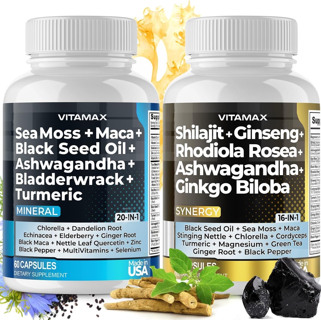 Pure Himalayan Shilajit Supplement, Sea Moss, Ashwagandha, Bladderwrack, Gingko Biloba, Βιολογικές Κάψουλες & Ιχνηλάτηση Ορυκτού για - Μη ΓΤΟ - Vegan - Άνδρες και γυναίκες – Κατασκευασμένο στις ΗΠΑ