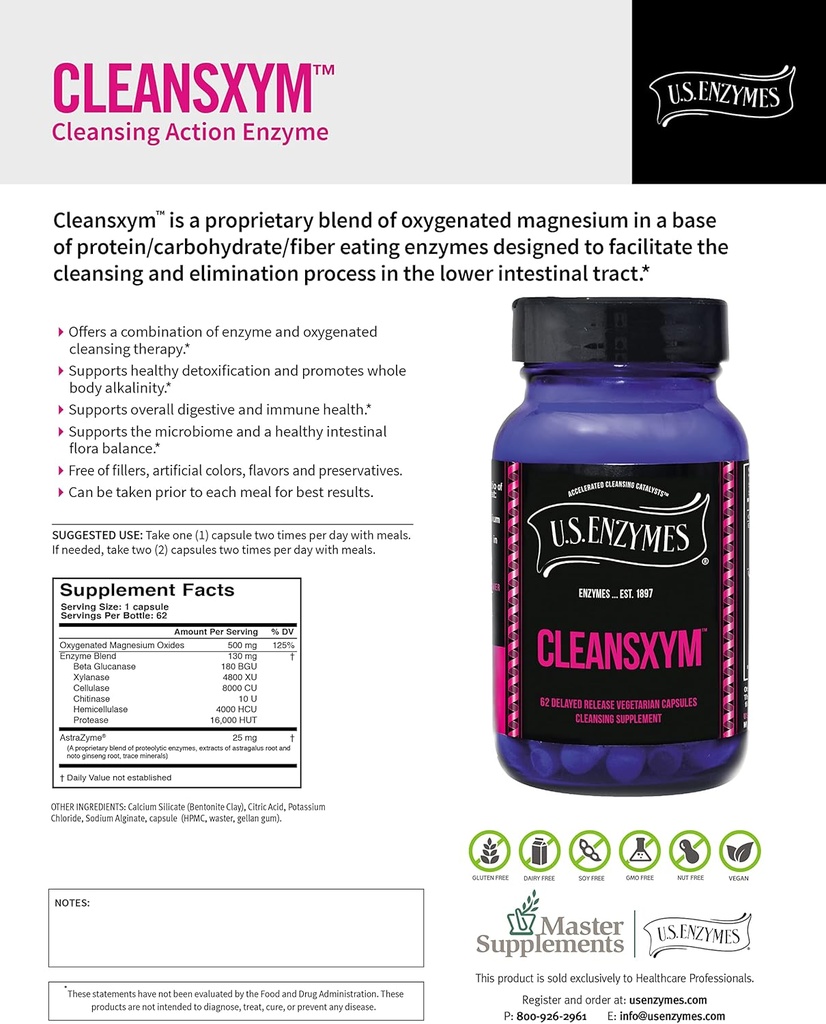 U.S. Ένζυμα CLEANSXYM 62 Κάψουλες χορτοφάγων. Συμπλήρωμα καθαρισμού.