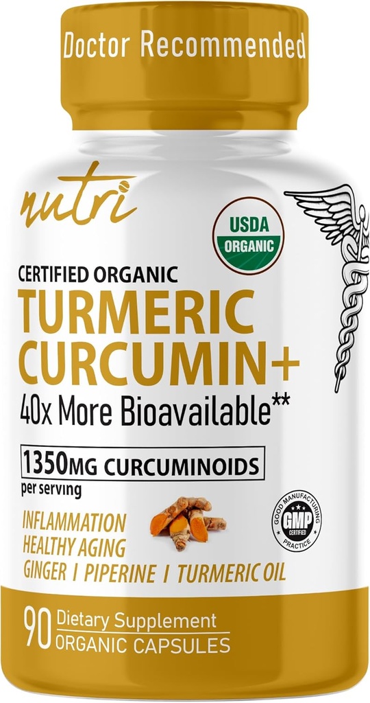 Nature's Fusions Nutri Organic Turmeric Supplement 1425mg - 40x More Bioδιαθέσιμα - 95% Κουρκουμινοειδή - Κουρκουμίνη κουρκουμίνη με Μαύρο Πιπέρι, Ginger & Turmeric Oil - Συμπλήρωμα