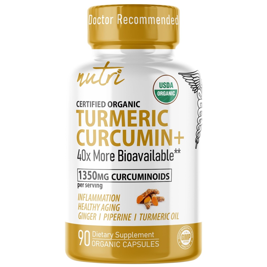 Nature's Fusions Nutri Organic Turmeric Supplement 1425mg - 40x More Bioδιαθέσιμα - 95% Κουρκουμινοειδή - Κουρκουμίνη κουρκουμίνη με Μαύρο Πιπέρι, Ginger & Turmeric Oil - Συμπλήρωμα