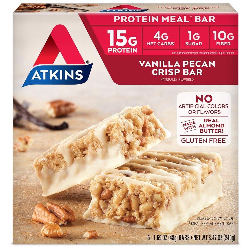 Atkins Vanilla Pecan Crisp Protein Meal Bar, Υψηλή Ίνες, 1g Ζάχαρη, 4g Net Carb Meal Replacement, Keto Friendly, 5 Count