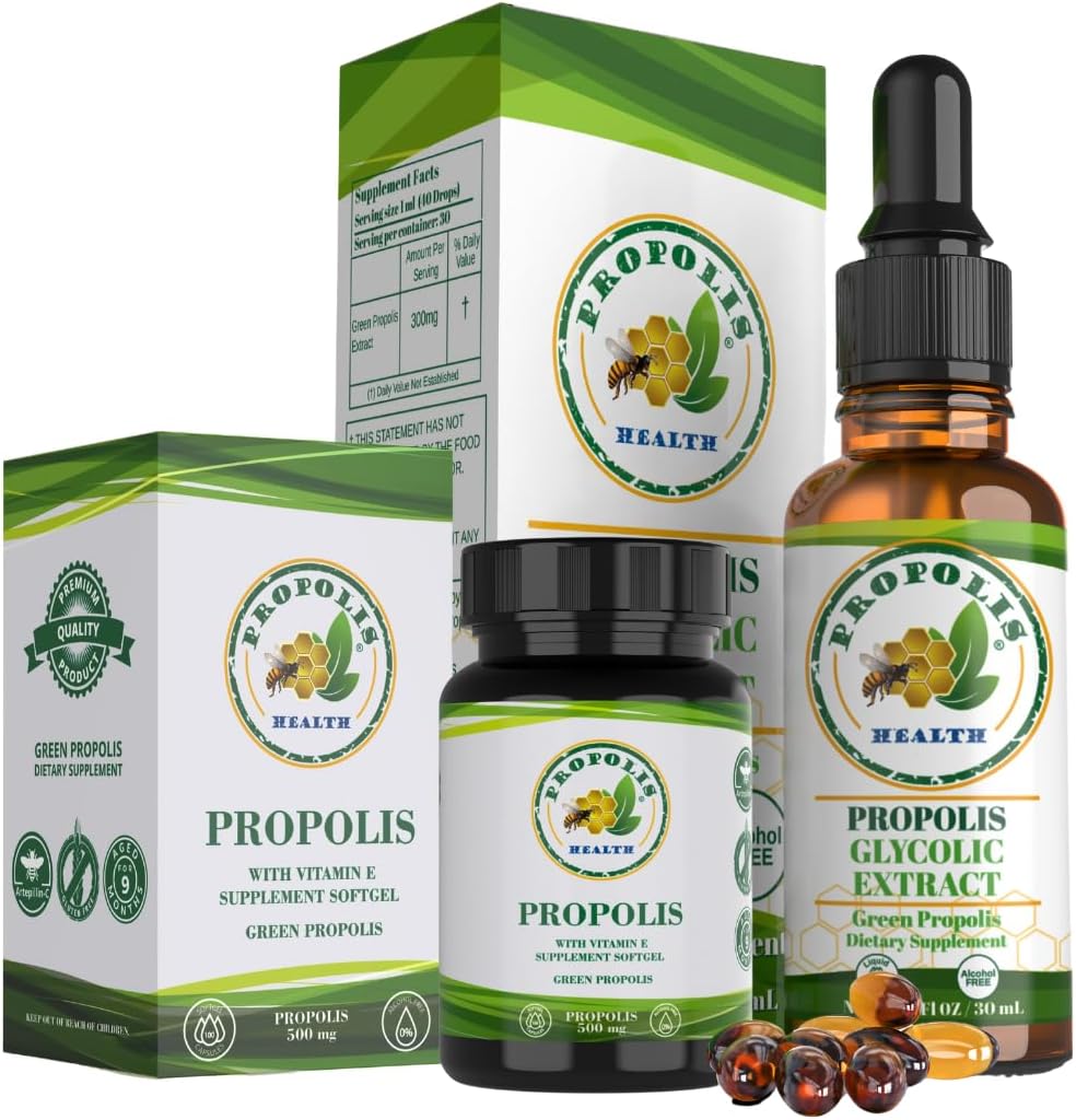Propolis Health Premium Brazilian Green Propolis Bundle: 1000mg κάψουλες με Βιταμίνη Ε & Green Propolis Extract Liquid - 50 Ημέρες Κάψουλα & 30 Ημέρες Υγρή Προσφορά για Ανοσολογική Υποστήριξη