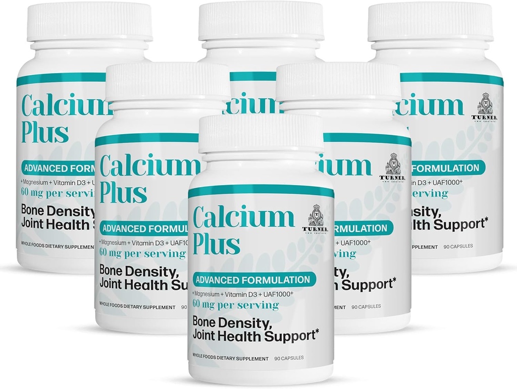 TURNER Calcium Plus, All-Natural Marine Calcium Supplement, με UAF1000+ Super Antioxidant, Μαγνήσιο + Βιταμίνες K2 & D3, Υποστηρίζει Πυκνότητα των οστών & κοινή υγεία, 6 μπουκάλια, 540 καπάκια, 6 μήνες προσφοράς