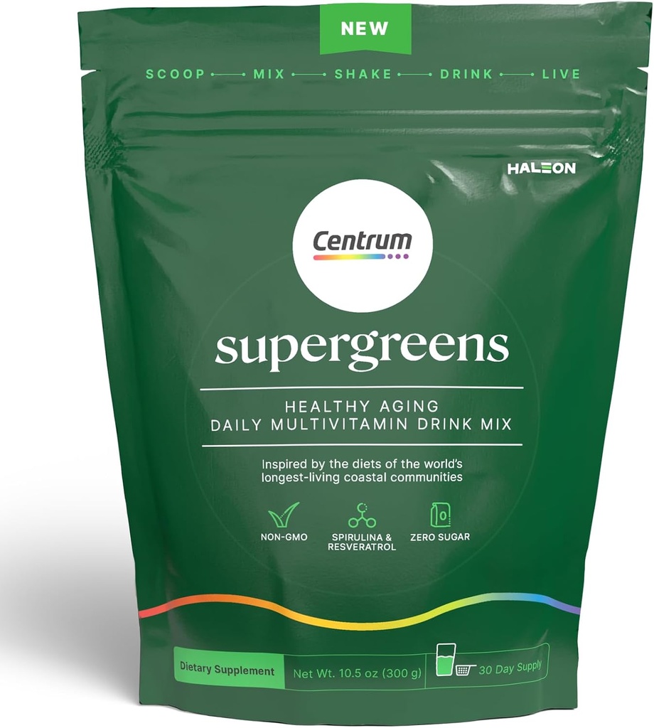 Centrum Supergreens - Superfood Powder & Multivitamin για ενήλικες – Greens Powder με Spirulina, Mushroom, Prebiotics & Enzyme Blend – 30-Day Supply