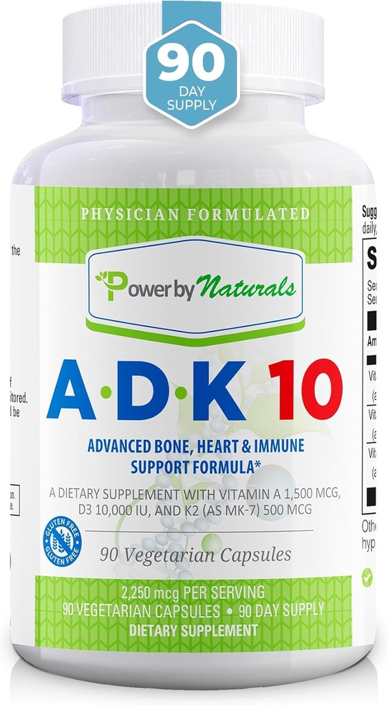 Power By Naturals ADK Vitamin Supplement – ADK 10 Υψηλή Ικανότητα με Βιταμίνες Α, D3 10.000 IU & K2 MK7 για Superior Καρδιά, Ανοσοποιητική & Οστική Υγεία Υποστήριξη – 90 Κάψουλες, 1 Συσκευασία (3 Μήνες Προσφορά)