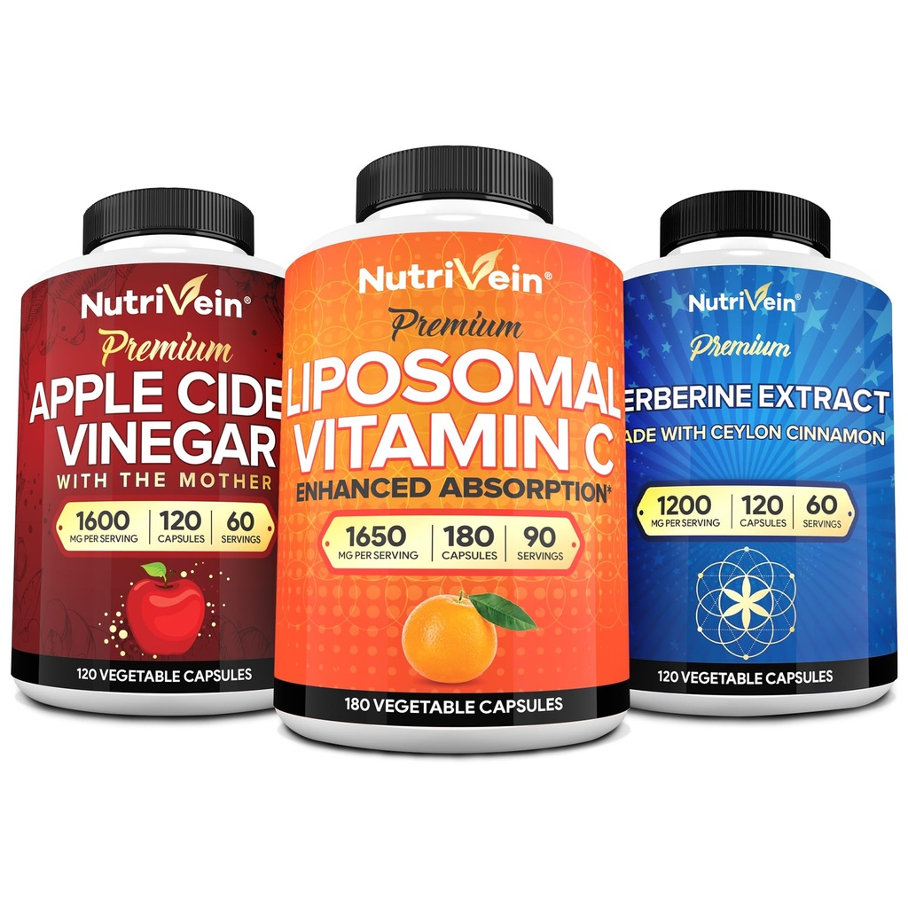 Nutrivein Premium Βερβερίνη, μηλίτης του μήλου Ξύδι, & Liposomal Vitamin C Συμπλήρωμα Δέσμη: Κάψουλες Βιταμίνης C υψηλής απορρόφησης, κάψουλες ACV, & συμπλήρωμα βερβερίνης για την ευεξία και την ανοσία