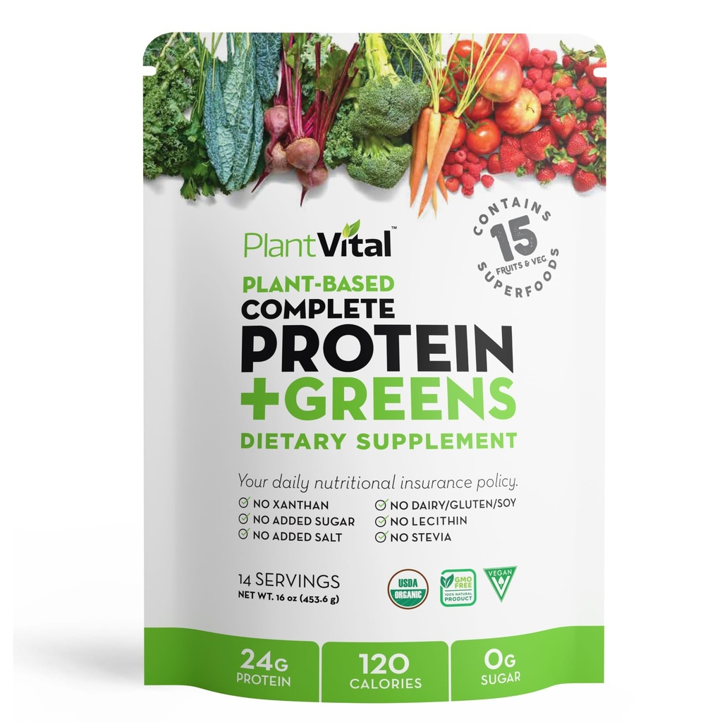 Plantvital Organic Unflavored Protein Powder Vegan - 15 Superfoods - 16oz | 24g Protein, 0g Sugar, Greens, Probiotics & BCAAs - Plant Based, Non-GMO, Gluten Free, 14 Servings, Supports Muscle Growth
