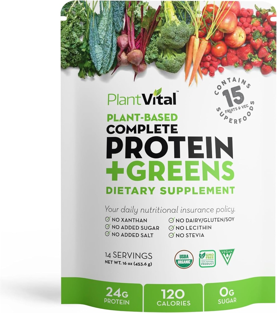 Plantvital Unflaved Organic Vegan Protein Powder - 15 Superfoods, Veggies and Probiotics - Organic Plant Based Protein Powder - All BCAA’s, Gluten Free - 16oz -1 Pouch