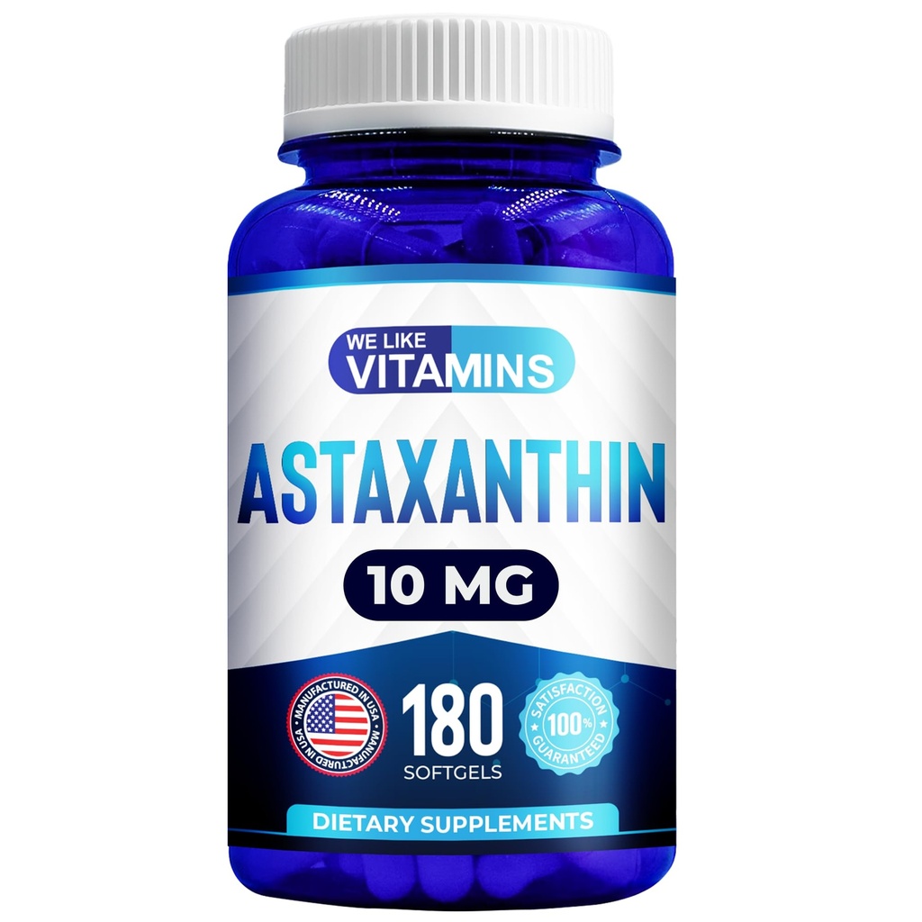 Μας αρέσουν οι βιταμίνες Ασταξανθίνη 10mg Softgel - Υψηλής ισχύος Ασταξανθίνη Συμπληρώματα από Haematococcus Pluvialis - Βελτιώνει τα μάτια, αρθρώσεις, την υγεία του δέρματος & τα επίπεδα ενέργειας - 180 Υπηρεσίες, 6 Μήνες προσφοράς