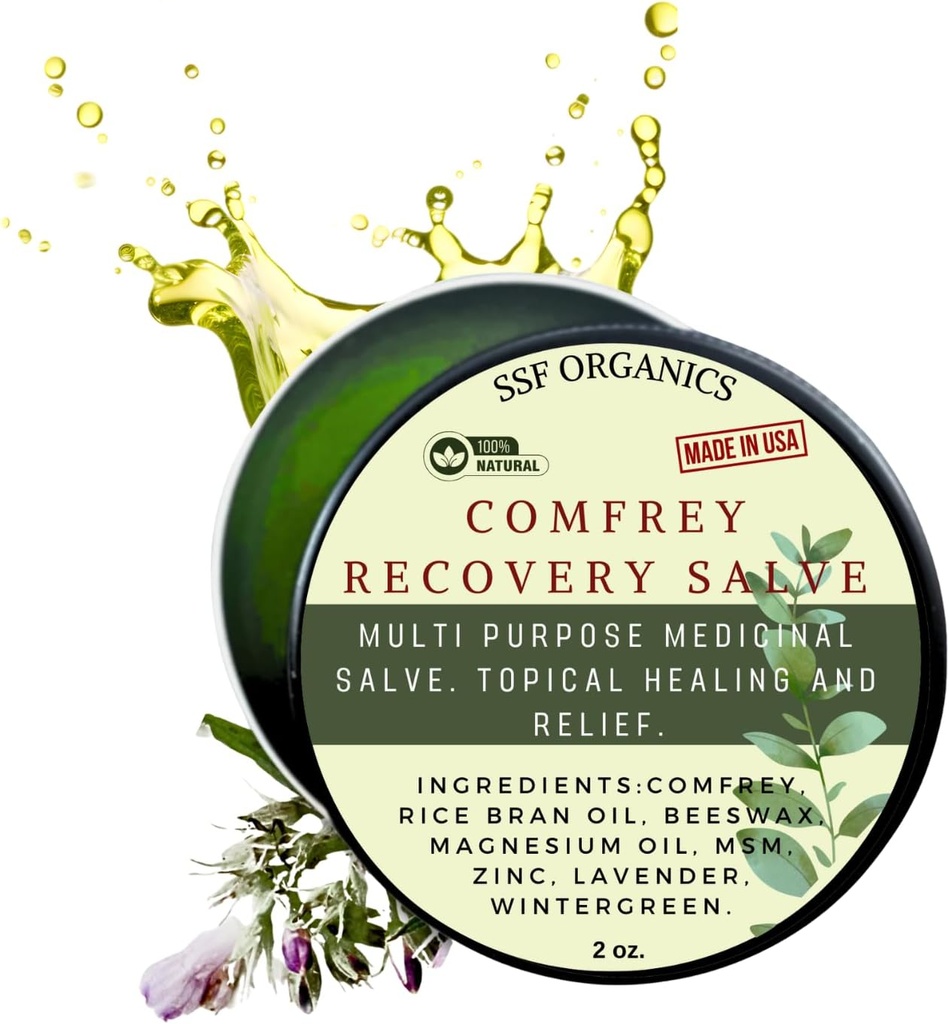 SSF Organics Comfrey Recovery Salve. Organic Herbal Balm για οστά, μύες, αρθρώσεις, γόνατα, δέρμα, οίδημα και τατουάζ φροντίδα. Χειροποίητη, αργή έγχυση. Χωρίς χημικά πληρωτικά. 2 oz