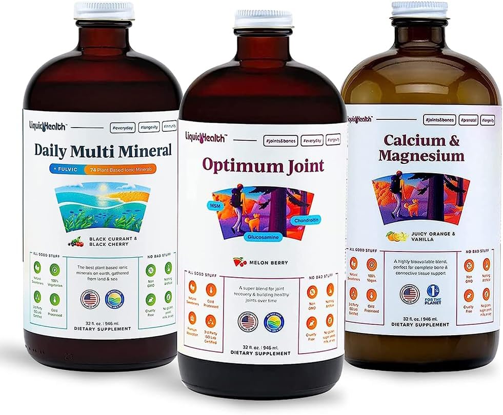 LIQUIDHEALTH Μύες, οστά & αρθρώσεις Υγρή Βιταμίνη Bundle με Daily Multi Mineral, Optimum Joint Liquid Glucosamine, και Συμπληρώματα ασβεστίου & μαγνησίου - Οστική & Κοινή Υγεία, Ενέργεια, Vegan, Μη ΓΤΟ