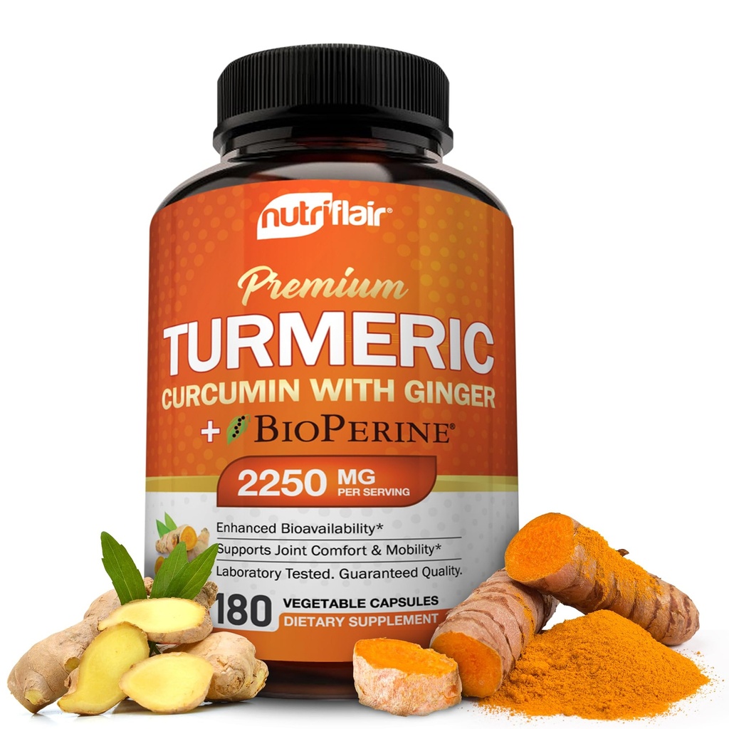 NutriFlair Turmeric Curcumin με Ginger και BioPerine Black Pepper Συμπληρώματα, 180 κάψουλες - 95% Κουρκουμινοειδή - Κοινή Υποστήριξη, Αντιοξειδωτικό, Αντιγήρανση - Φυσικό, Μη ΓΤΟ, Vegan Καλύτερη Μέγιστη Ικανότητα