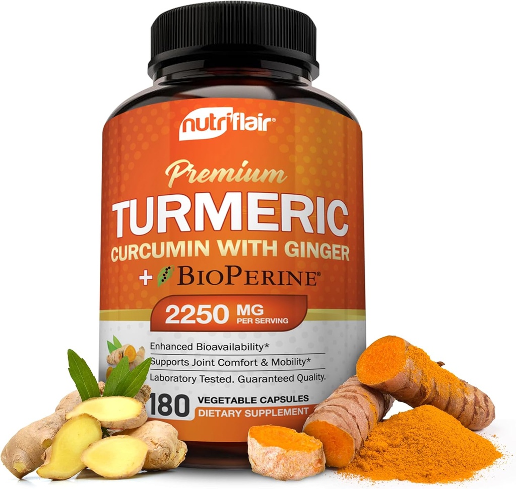 NutriFlair Turmeric Curcumin με Ginger και BioPerine Black Pepper Συμπληρώματα, 180 κάψουλες - 95% Κουρκουμινοειδή - Κοινή Υποστήριξη, Αντιοξειδωτικό, Αντιγήρανση - Φυσικό, Μη ΓΤΟ, Vegan Καλύτερη Μέγιστη Ικανότητα
