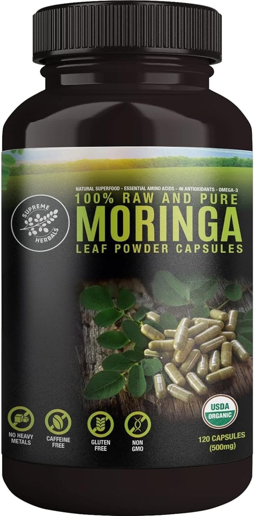 100% Ακατέργαστες και Καθαρές κάψουλες Moringa Leaf Powder. Βιολογικά πιστοποιημένο Moringa Leaf. Φυσικό Superfood με Απαραίτητα Αμινοξέα, Αντιοξειδωτικά και Ωμέγα 3, 500mg, 120 Κάψουλες.
