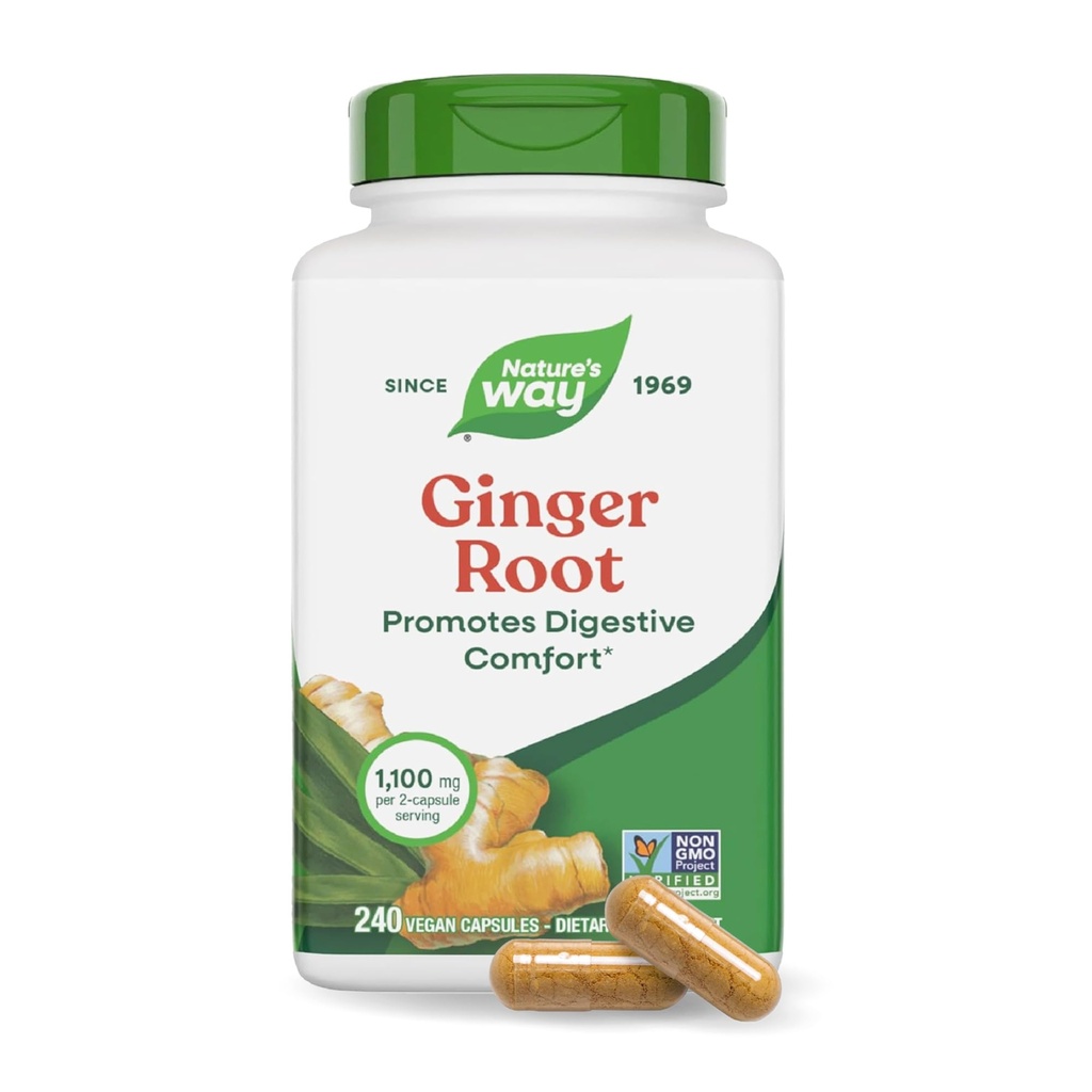 Nature's Way Ginger Root Capses 550 mg ανά κάψουλα, Digestive Comfort* Μειώνει τη Ναυτία που σχετίζεται με την κίνηση*, 1.100 mg ανά 2 κάψουλες, Μη ΓΤΟ Έργο Επαληθευμένο, Vegan, 240 Count (Packing May Vary)