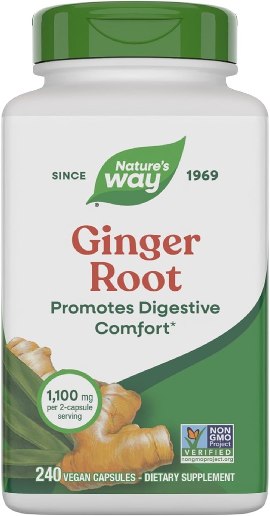 Nature's Way Ginger Root Capses 550 mg ανά κάψουλα, Digestive Comfort* Μειώνει τη Ναυτία που σχετίζεται με την κίνηση*, 1.100 mg ανά 2 κάψουλες, Μη ΓΤΟ Έργο Επαληθευμένο, Vegan, 240 Count (Packing May Vary)