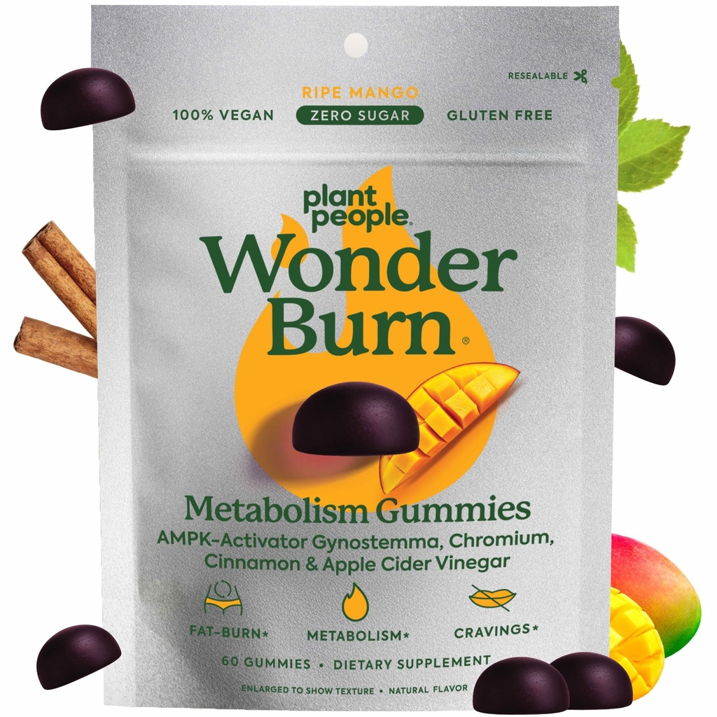 Οι άνθρωποι των φυτών WonderBurn Μεταβολισμός & Cravings Control Gummies, Zero Sugar, Ripe Mango Flavor (60 κόμης)