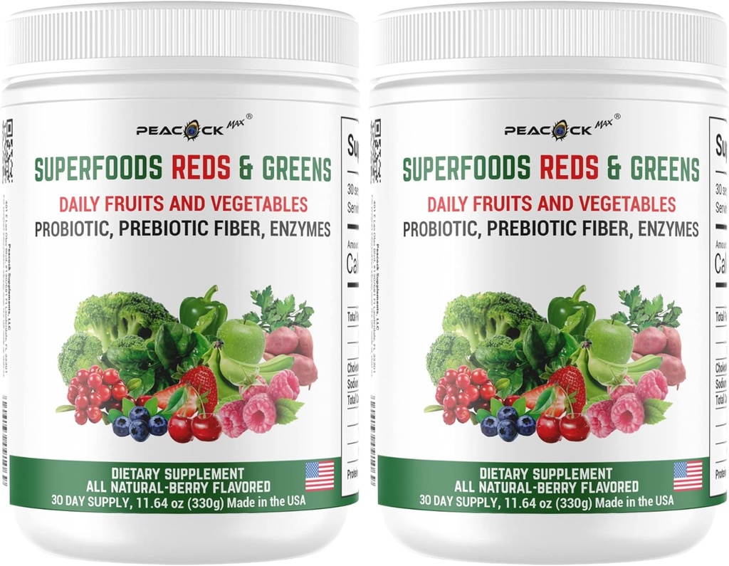 Superfood Reds & Greens Powder - 11,64 oz (Pack of 2), Prebiotics & Probiotics για Digestive Health, Super Greens Powder με Ashwagandha, Αντιοξειδωτικά, Vegan, Μη ΓΤΟ