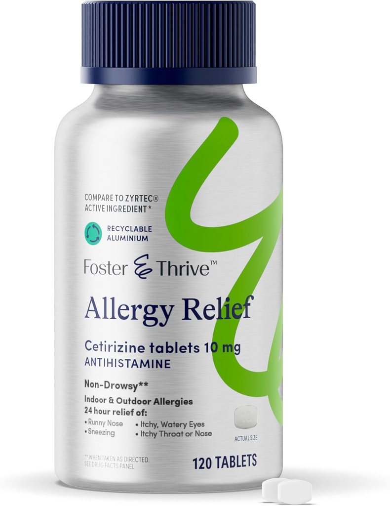 Foster & Thrive Cetirizine HCl 10mg Αλλεργία Ανακούφιση για Εποχικές Αλλεργίες, Γύρη, Πυρετός Χέι και Ξηρά Ίτσι Μάτια, Αντιισταμινική Φάρμακα για Παιδιά ή Ενήλικες, Σύγκριση με το Zyrtec