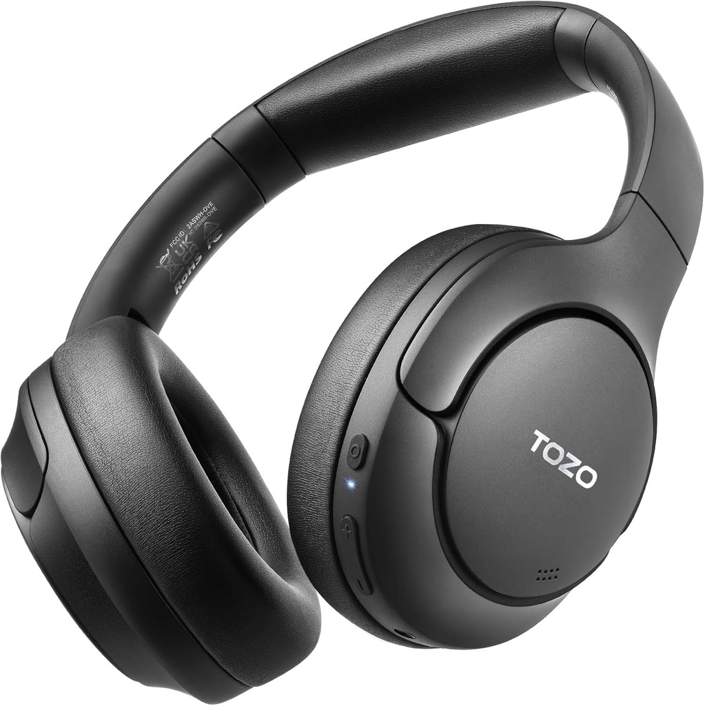 TOZO HT2 Hybrid Active Noise Ακύρωση ακουστικών, Wireless Over Ear Bluetooth ακουστικά, 60H Playtime, Hi-Res Audio Custom EQ μέσω App Deep Bass Comfort Fit Ear Cups, για Home Office Travel Black