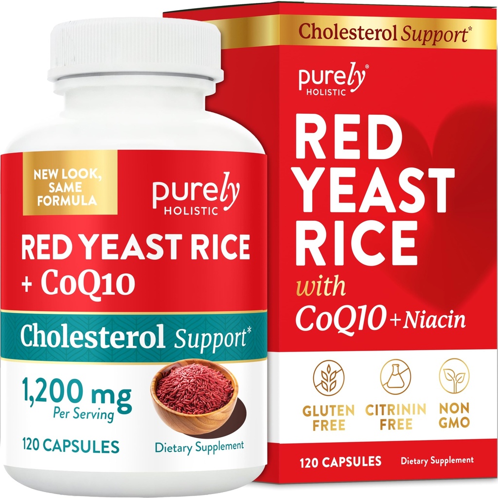 Red Yeast Rice 1200mg με CoQ10 συμπλήρωμα & Flush Free Niacin 120 επιπλέον Χορτοφαγικές κάψουλες αντοχής – Προηγμένη Υγιεινή φόρμουλα καρδιάς - Μη-ακτινοβολημένη, Citrinin δωρεάν