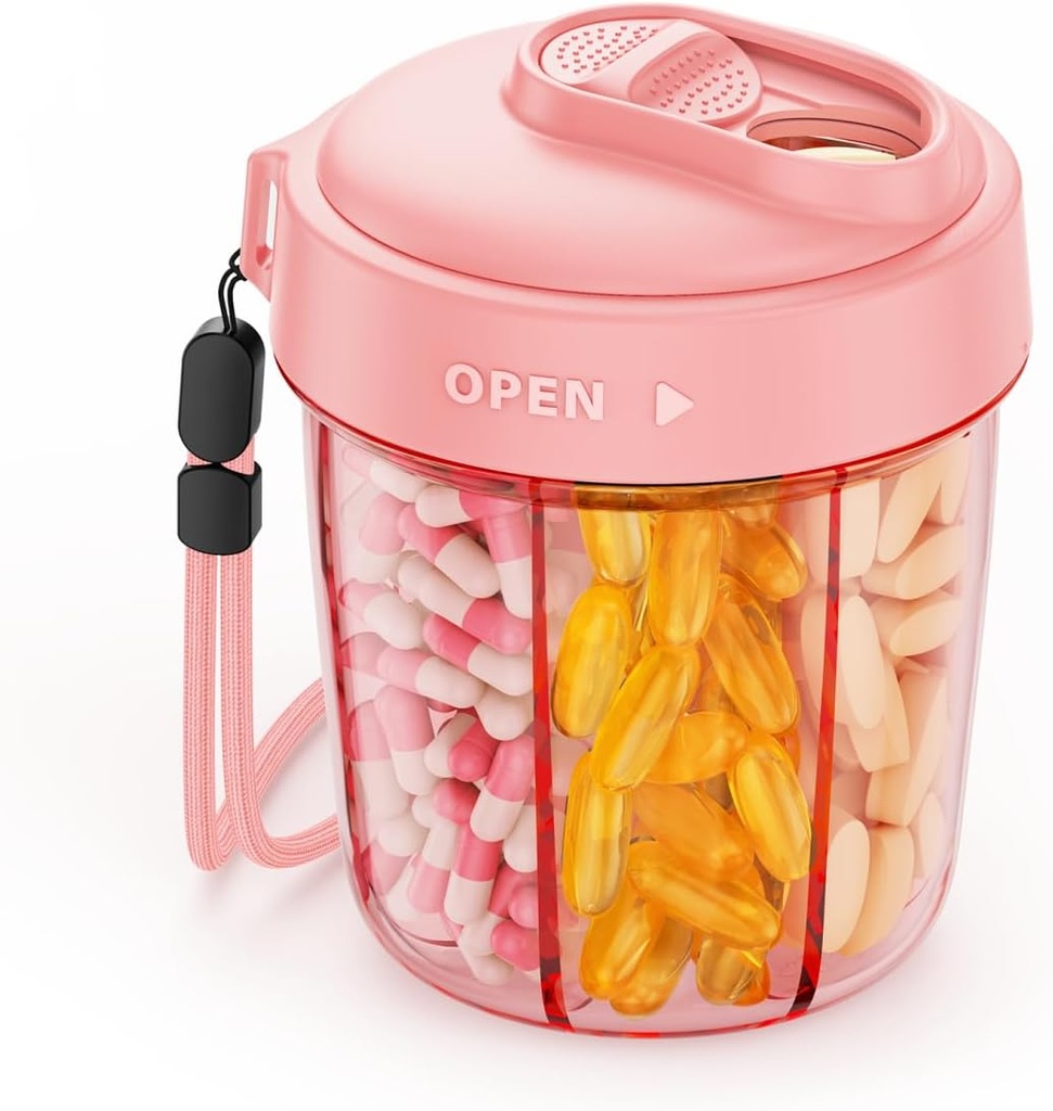 AUVON Μεγάλος Διανομέας Χάπια για να αποθηκεύσετε 7 Διάφορα Συμπληρώματα, Διοργανωτής Χάπια Ταξίδι με Anti-Mix Design, Μπουκάλι Χάπια με Ευρεία Άνοιγμα & Slider Lid Εύκολη Χρήση, Περιλαμβάνει 20 Κενά Stickers, Pink