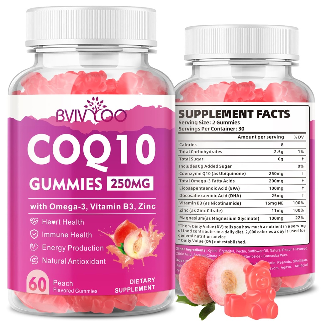 Χωρίς ζάχαρη CoQ10 Gummies 250mg, Plus Omega-3, Βιταμίνη Β3 & Ψευδάργυρος, Μαγνήσιο - Υψηλή απορρόφηση Συνένζυμο Q10 Συμπληρώματα για την Υγεία της Καρδιάς, Κυτταρική Ενέργεια, & Αντιοξειδωτική Υποστήριξη, 60 Count