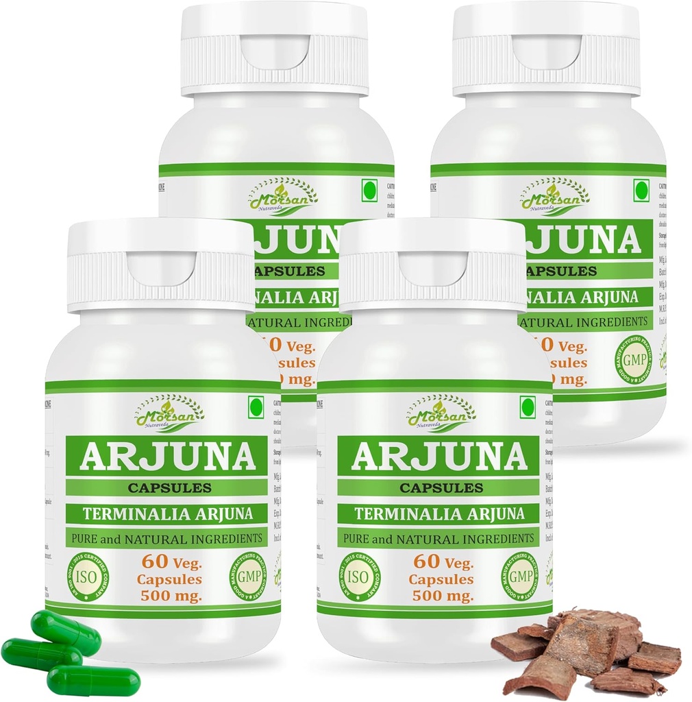 Natural and Pure Herbal Terminalia ARJUNA (Arjuna) Extract Capsules | Highest Potency, 100% Herbal Product | Pack of 60 X 500 mg. Veg. Capsules (Pack of 4 Jar)
