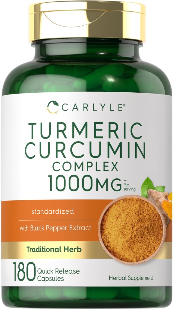 Carlyle Turmeric Curcumin with Black Pepper | 180 Capsules | Turmeric Complex Supplement | Non-GMO, Gluten Free