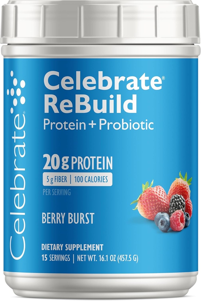 Celebrate Vitamins Rebuild Protein Powder with Probiotics & Prebiotics - 20g Whey Isolate Protein, High Fiber, for Post Bariatric Surgery Patients - Berry Burst (15 Servings)