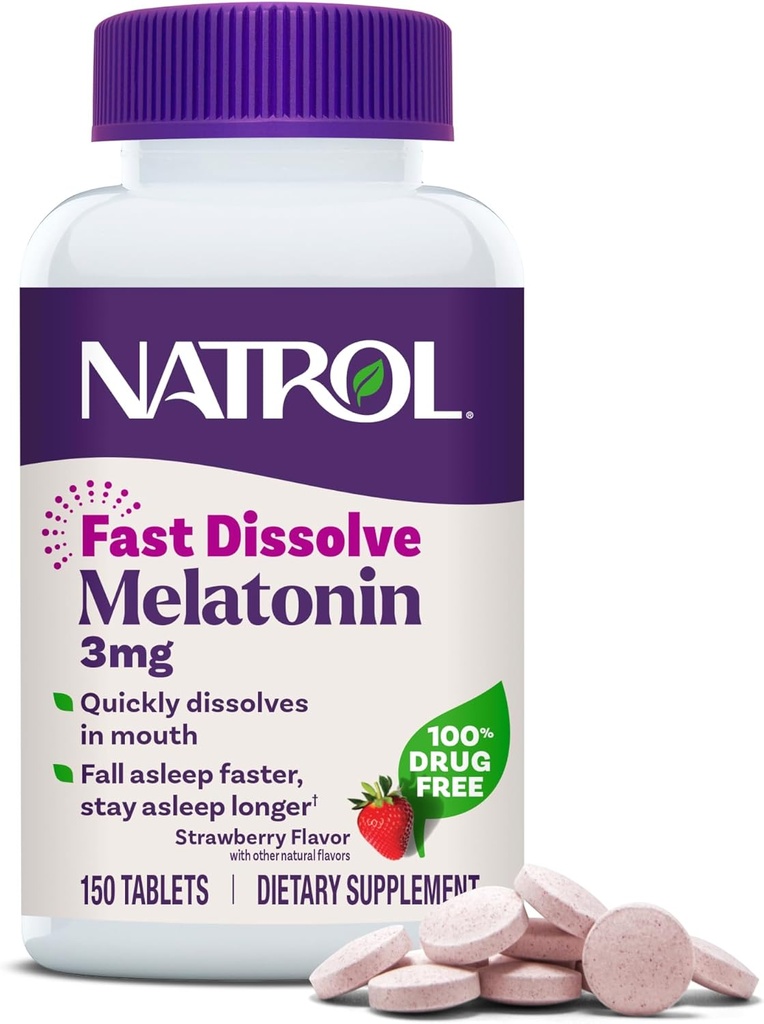 Natrol Fast Dissolve Μελατονίνη 3 mg, Συμπληρώματα Μελατονίνης για Αναπαύσιμο Ύπνο, Υποστήριξη Ύπνου για Ενήλικες, 150 φράουλα-Flavored Tablets, Μέχρι 150 Ημέρα Προμήθεια