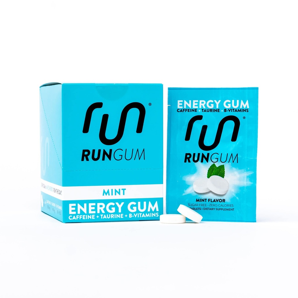 Run Gum Mint Flavor Caffeinated Energy & Focus Gum, 50mg Caffeine per Piece, Sugar Free with Taurine & B-Vitamins, Fast-Acting Chewing Gum, 24 Pieces (12 Packs)