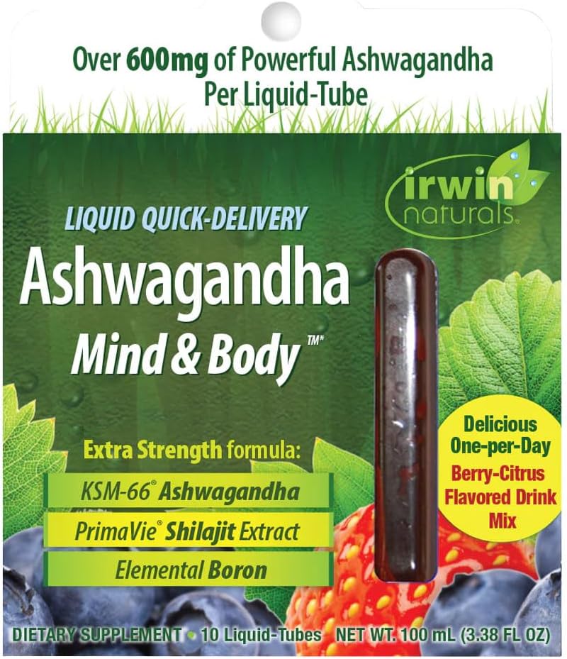 Irwin Naturals Liquid Quick-Delivery Ashwagandha Mind & Body - 10 Liquid-Tubes - Ενισχύει τη φυσική και ψυχική απόδοση - Ένα ανά ημέρα Berry-Citrus αρωματικό ποτό μείγμα