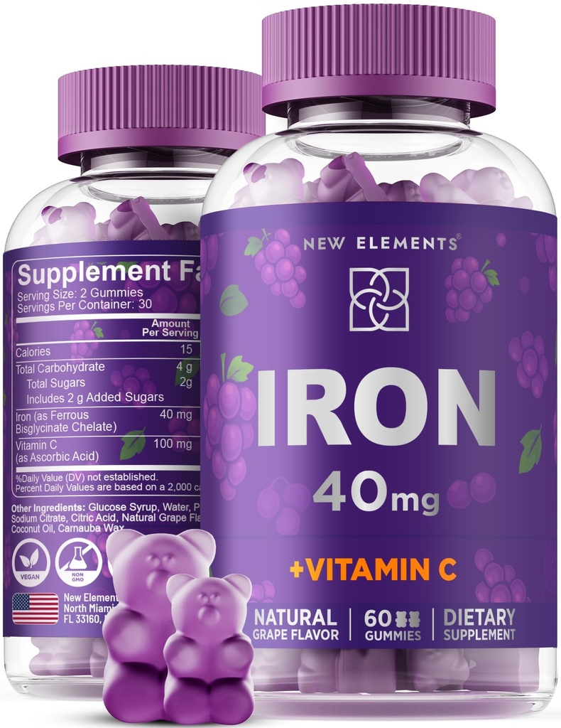Iron Gummies 40mg με Βιταμίνη C 100mg – Καλύτερο συμπλήρωμα σιδήρου για γυναίκες, άνδρες και ενήλικες – Free Builder αίματος για αναιμία – Ανοσοποιητική υποστήριξη & ενέργεια Booster 