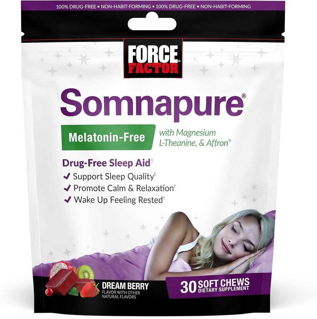 Force Factor Somnapure Melatonin-free μαλακά μάσημα, Βοήθεια για τον ύπνο για τη βελτίωση της ποιότητας του ύπνου, Βοηθήματα για τον ύπνο για ενήλικες με Affron, Μαγνήσιο, L-Θεανίνη, Χαμομήλι, Λεμόνι Balm, Dream Berry Flavor, 30 Μαλακά μάσημα