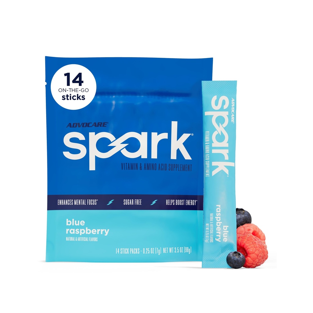 AdvoCare Spark - Energy Drink Mix - Βιταμίνη & Amino Acid συμπλήρωμα - Υποστηρίζει την ενέργεια & Focus* - Φορητή Ανοσολογική Υποστήριξη* - Χωρίς ζάχαρη - Μπλε Βατόμουρο, 14 Stick Packs (3.5 oz)