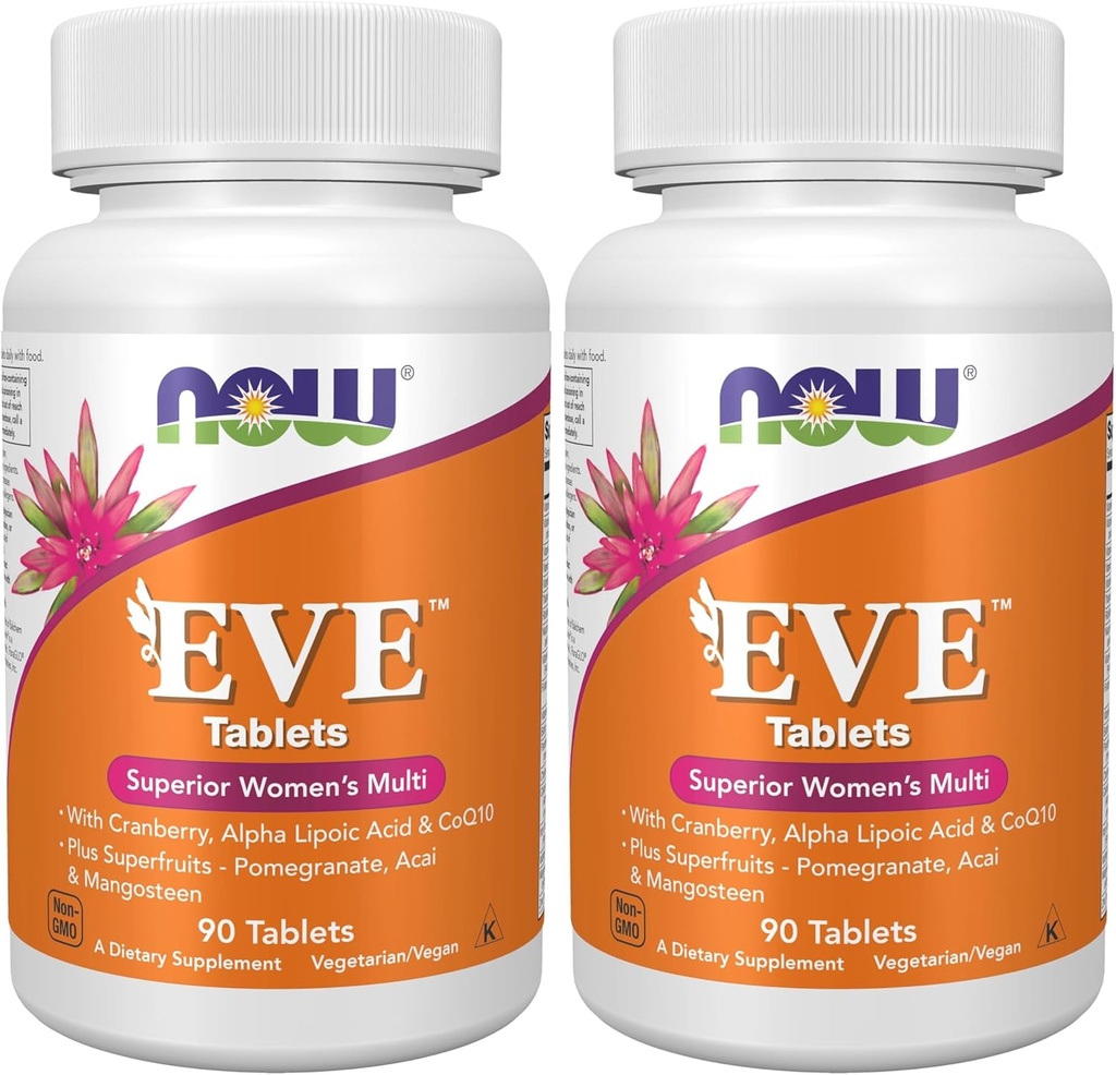 NOW Supplements, Eve™ Women's Multivitamin with Cranberry, Alpha Lipoic Acid and CoQ10, Plus Superfruits - Pomegranate, Acai & Mangosteen, 90 Tablets (Pack of 2)