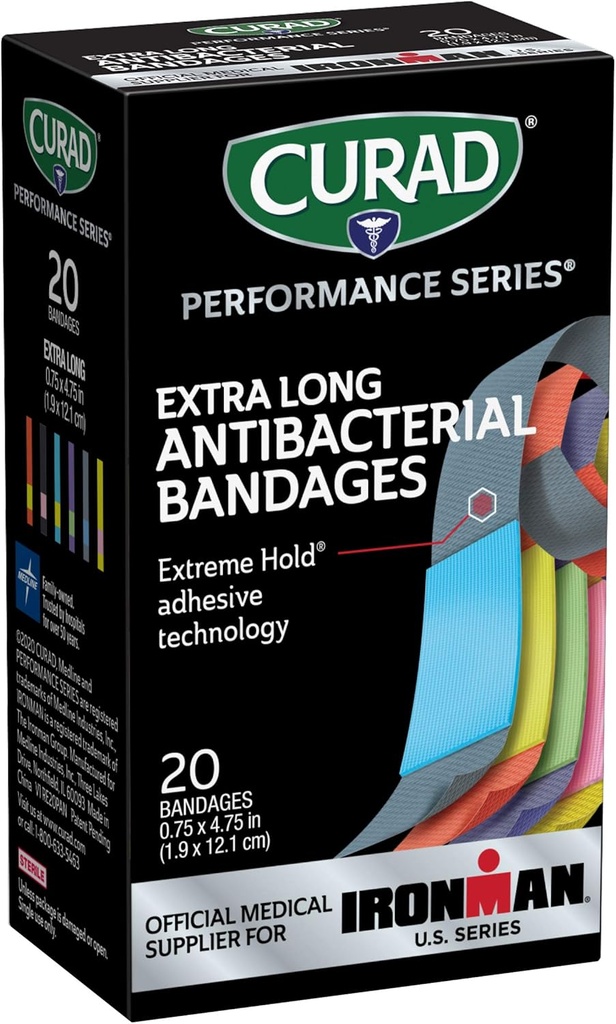 CURAD Performance Series IRONMAN Αντιβακτηριακά συγκροτήματα, Extreme Hold Αυτοκόλλητη Τεχνολογία, Extra Long Ευέλικτο Υφασμάτινα συγκροτήματα για περικοπές, scrapes, & Burns, Διάφορα χρώματα, 0,75 x 4,75 ίντσες, 20 κόμης