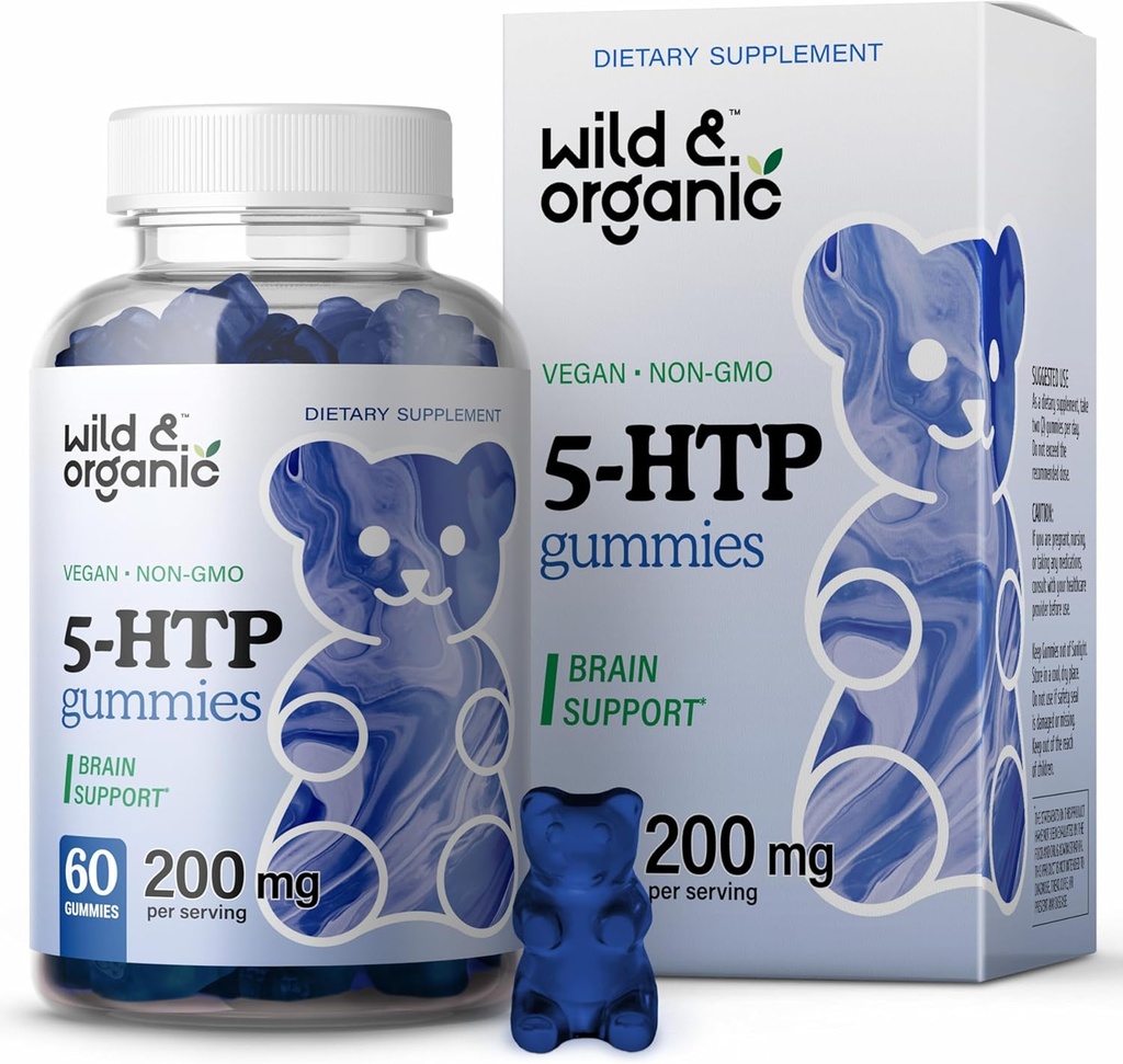 Άγρια & οργανικά 5-HTP 200mg Gummies Mood - L-Tryptophan για χαλάρωση και φυσική ηρεμία - 5 HTP συμπλήρωμα για την υποστήριξη του εγκεφάλου - 60 Vegan, μη GMO 5HTP Gummies