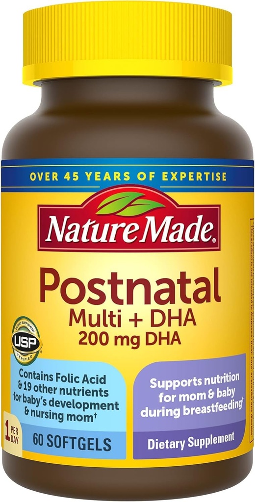 Nature Made Postnatal Multivitamin + DHA 200 mg, 60 Softgels, to Support Nursing Moms & Babies Κατά τη διάρκεια του θηλασμού, μεταγεννητικές βιταμίνες & θρεπτικά συστατικά Περιλαμβάνουν τον σίδηρο, βιταμίνη D3, ασβέστιο, ιώδιο