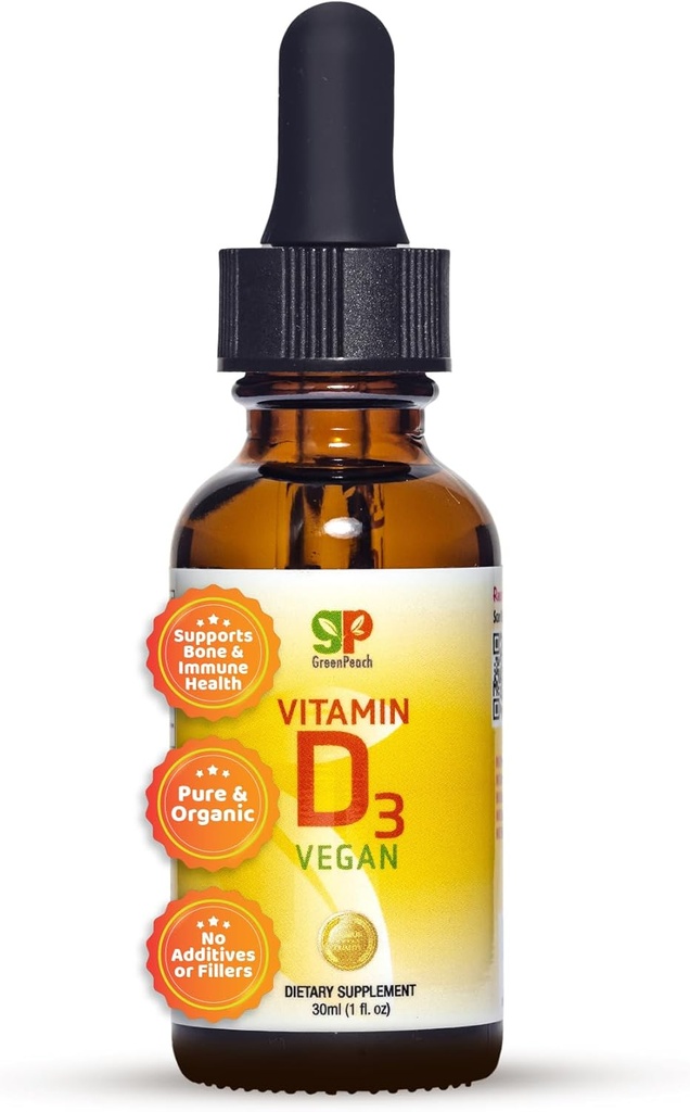 GreenPeach Liquid Vegan Organic Vitamin D 400 to 1600 IU - D3 Drops for Toddler, Kids, Baby & Infants, Vitamin D Baby Drops, Natural, 60 Servings