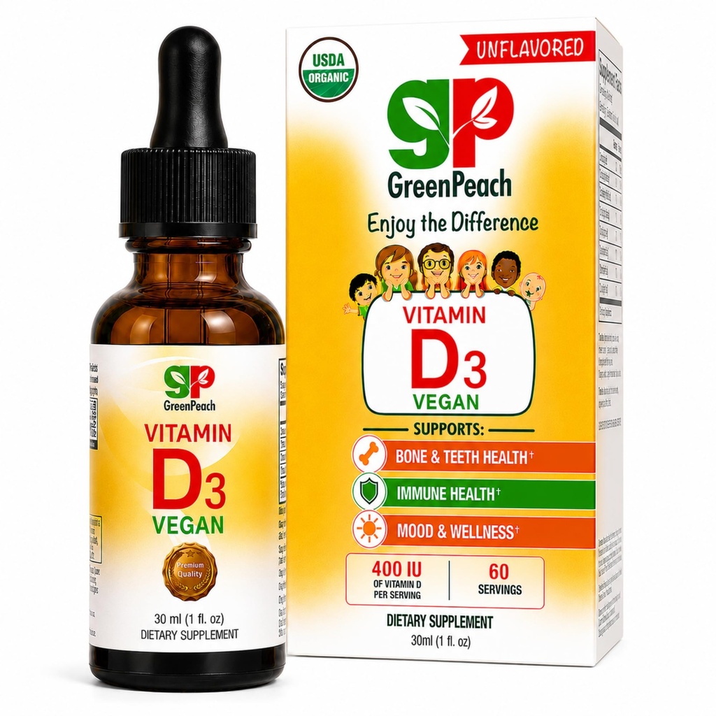 GreenPeach Organic Vitamin D3 Drops for Infants, Babies, Toddlers & Kids | 400-2000 IU Adjustable Dose, Vegan Liquid Vitamin D, Immune and Bone Health Support, No Sugar Added, 1 Fl Oz, 60 Servings
