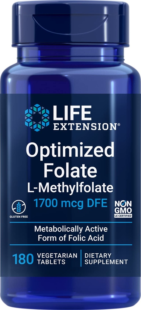Επέκταση ζωής Βελτιστοποιημένο φολικό (L- Methylfolate) 1700 mcg DFE, 180 Veg δισκία