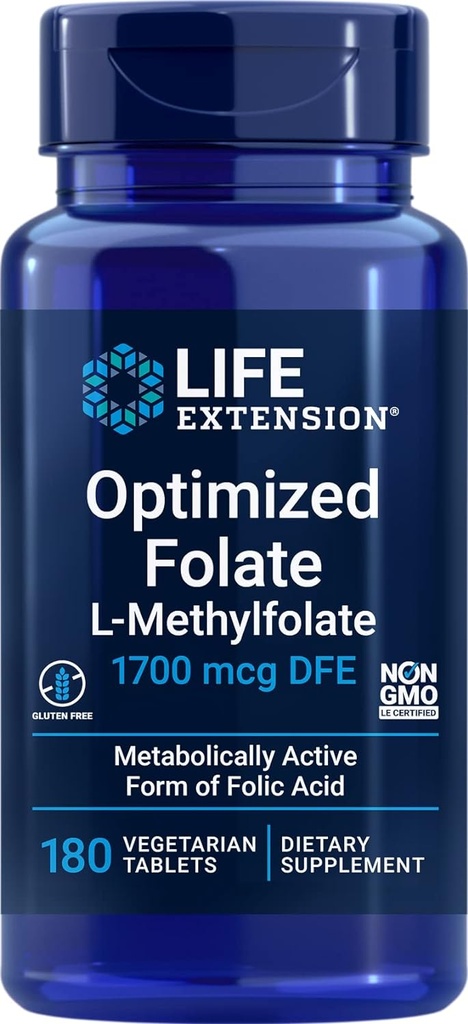 Life Extension Optimized Folate (L-Methylfolate) 1700 mcg DFE, 180 Veg Tablets