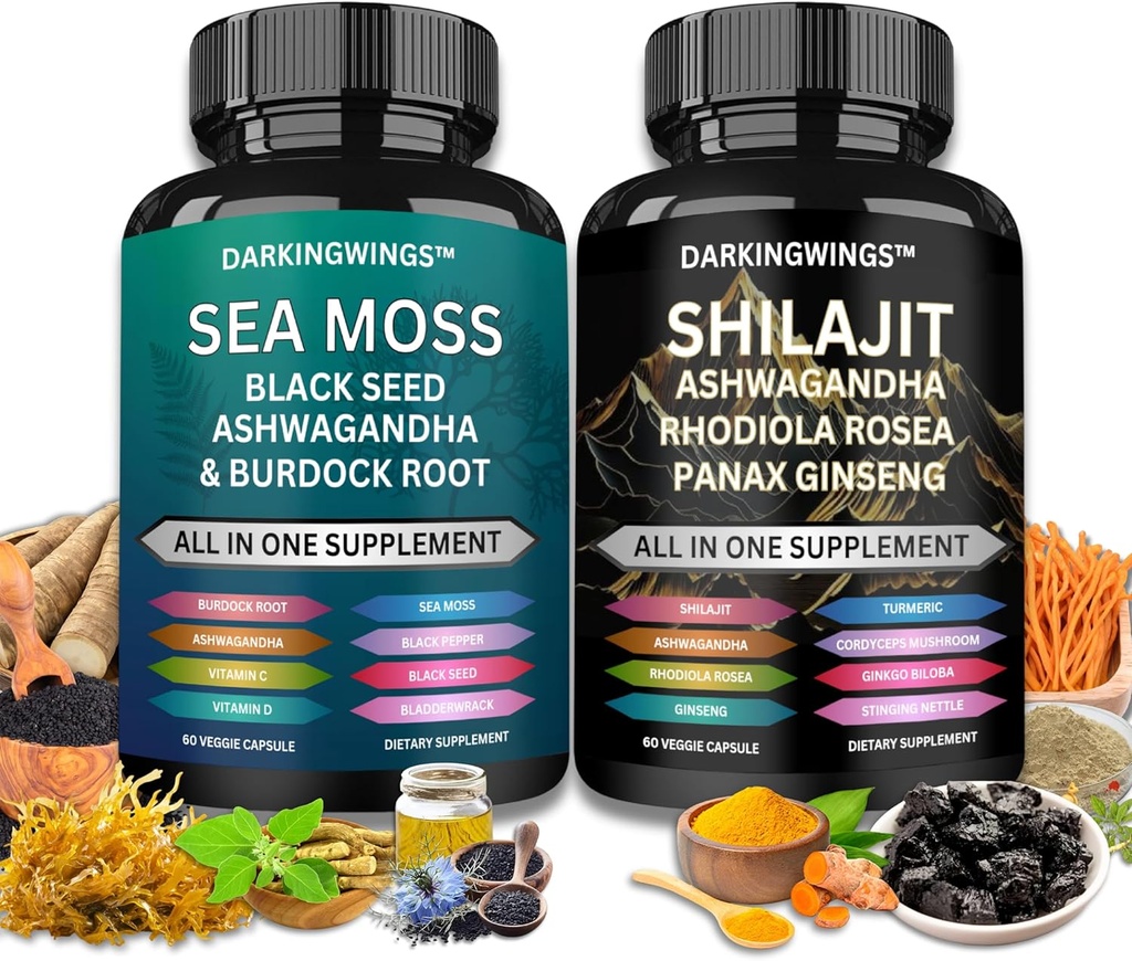 Shilajit and sea moss combo -Sea Moss 3000mg, Black Seed Oil 2000mg, Ashwagandha 2000mg, Shilajit 9000mg, Rhodiola Rosea1000mg,Panax Ginseng1500mg | sea moss and shilajit bundle, all in one supplement