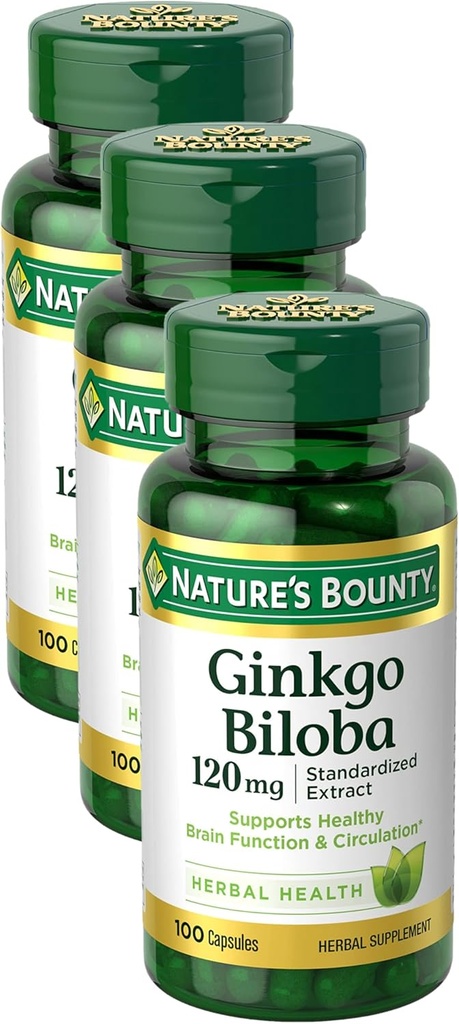 Nature's Bounty Ginkgo Biloba Κάψουλες 120mg, συμπλήρωμα υποστήριξης μνήμης, υποστηρίζει λειτουργία του εγκεφάλου και ψυχική εγρήγορση, 100 κάψουλες (πακέτο των 3)